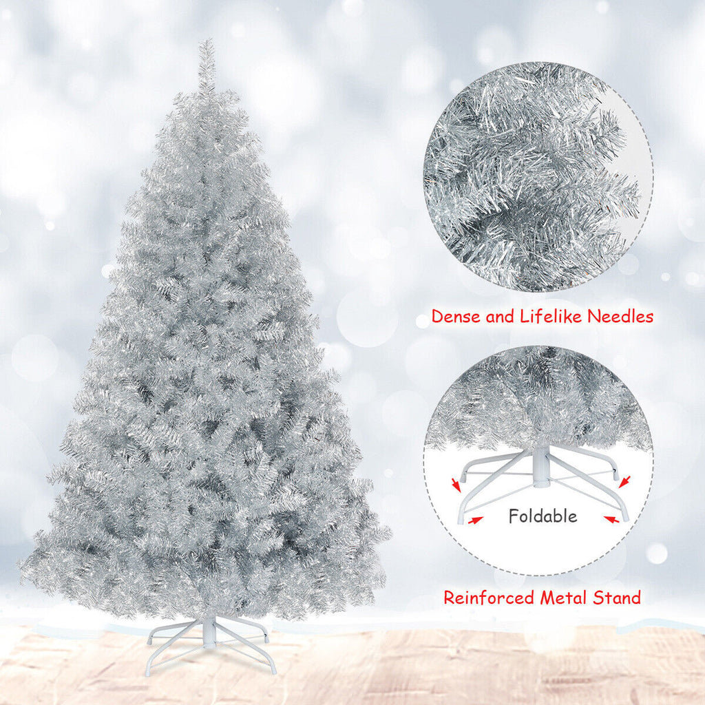 6-Foot Hinged Christmas Tree With Silver Tinsel Design And Metal Stand