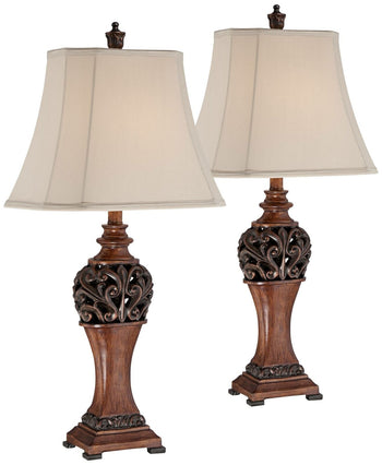 Set of 2 Traditional Design Carved Table Lamps with Wood-Tone Finish