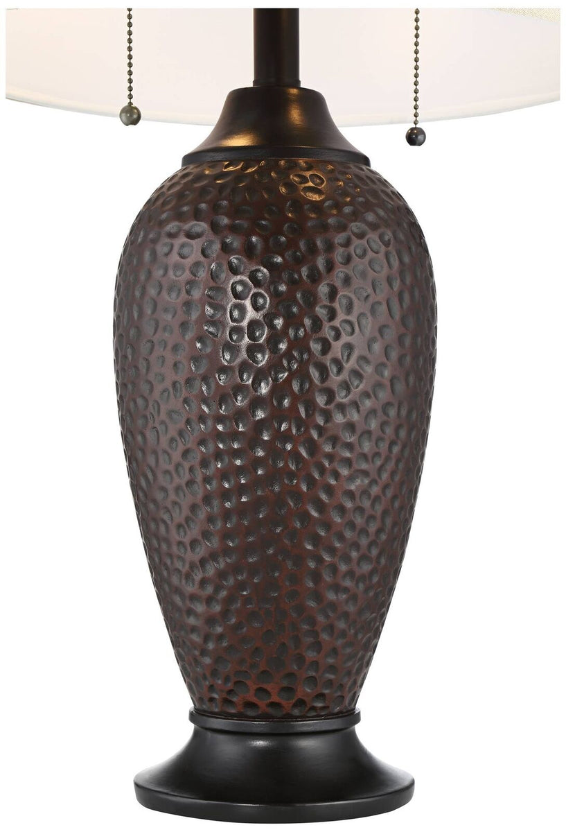 2pcs Hammered Bronze Finish Table Lamps With Oatmeal Linen Drum Shades