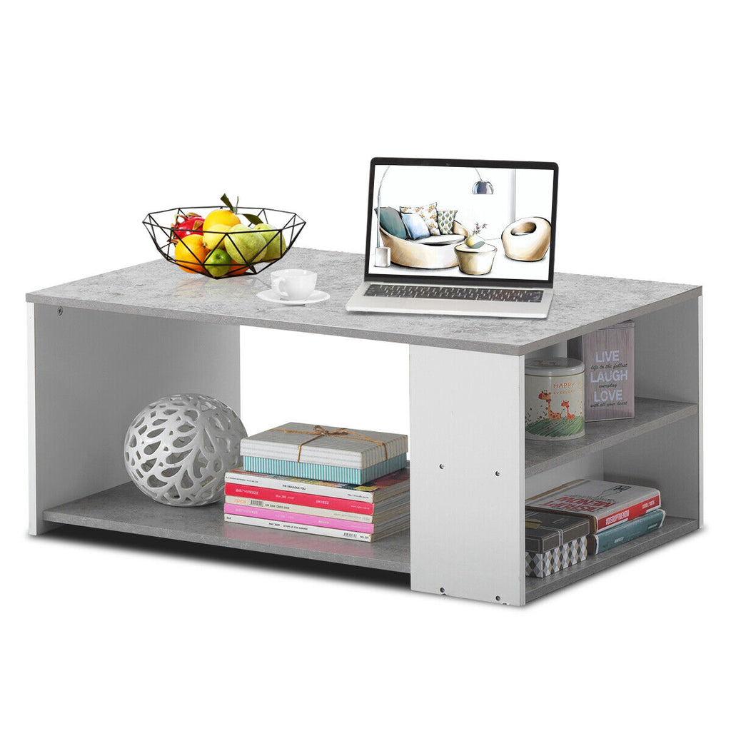 Gray 2-Tier Coffee Table With 2 Storage Shelves Living Room Side Table
