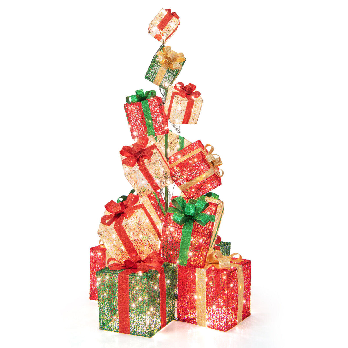 67" Stacked Gift Box Tower Decoration W/ 450 LED Lights For Christmas