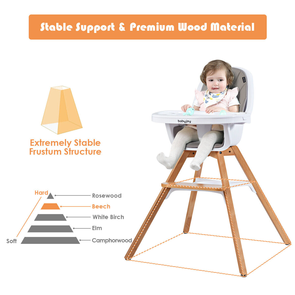 3-in-1 Convertible Wooden Baby High Chair w/ Tray Adjustable Legs Gray