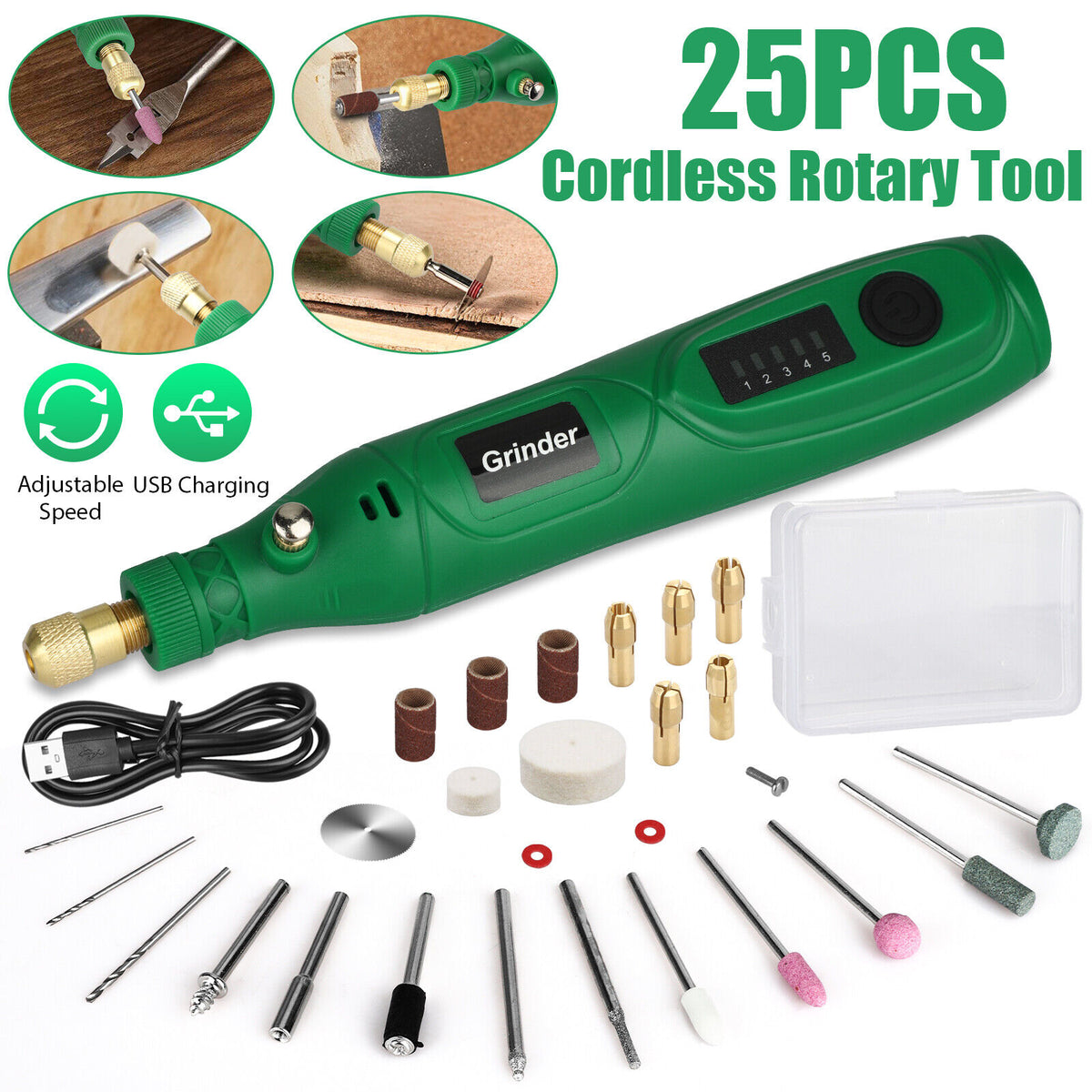 25-Piece Cordless Grinder Rotary Tool Kit with Variable Speed & Accessories Set
