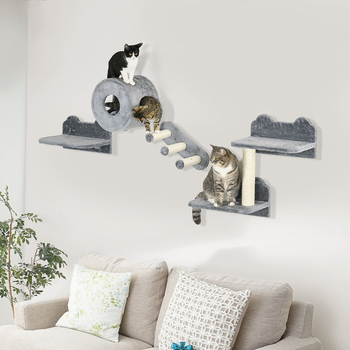 Gray Wall-Mounted Cat Shelves with Activity Center and Scratching Post