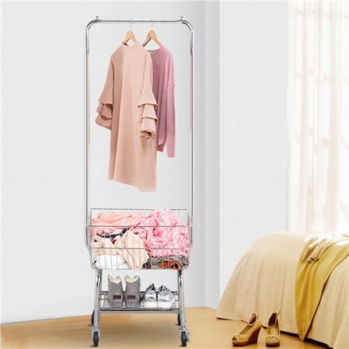Heavy-Duty Rolling Laundry Basket W/ Wire Hanger Rack Clothes Storage