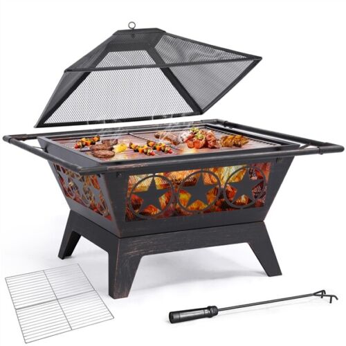 Wood Burning Steel Fire Pit With Cooking Grills For Garden & Porch BBQ