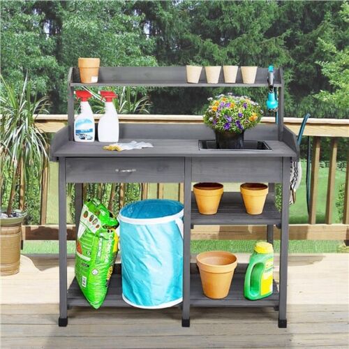 Wooden Garden Potting Work Bench Table with Shelf Sink & Drawer