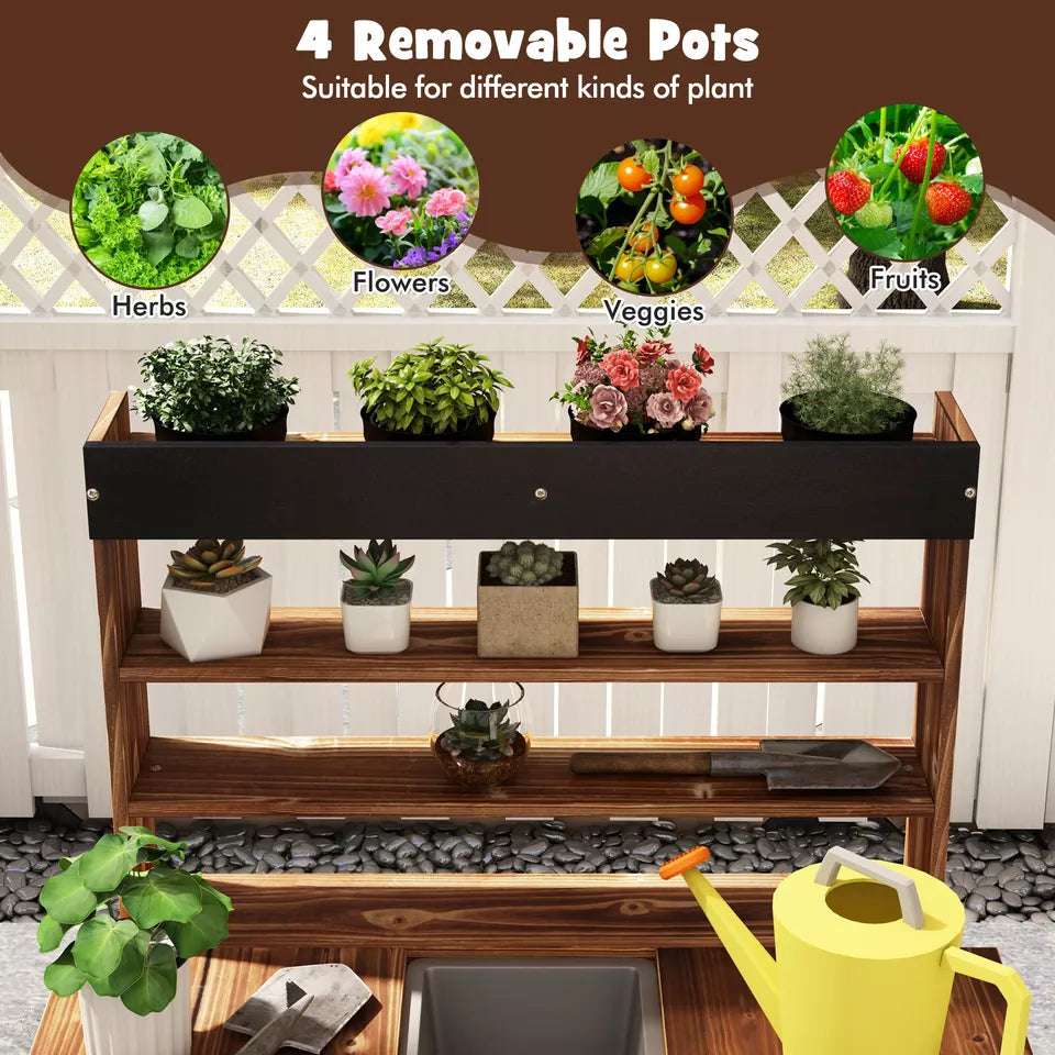 kids potting bench with 4 removable pots