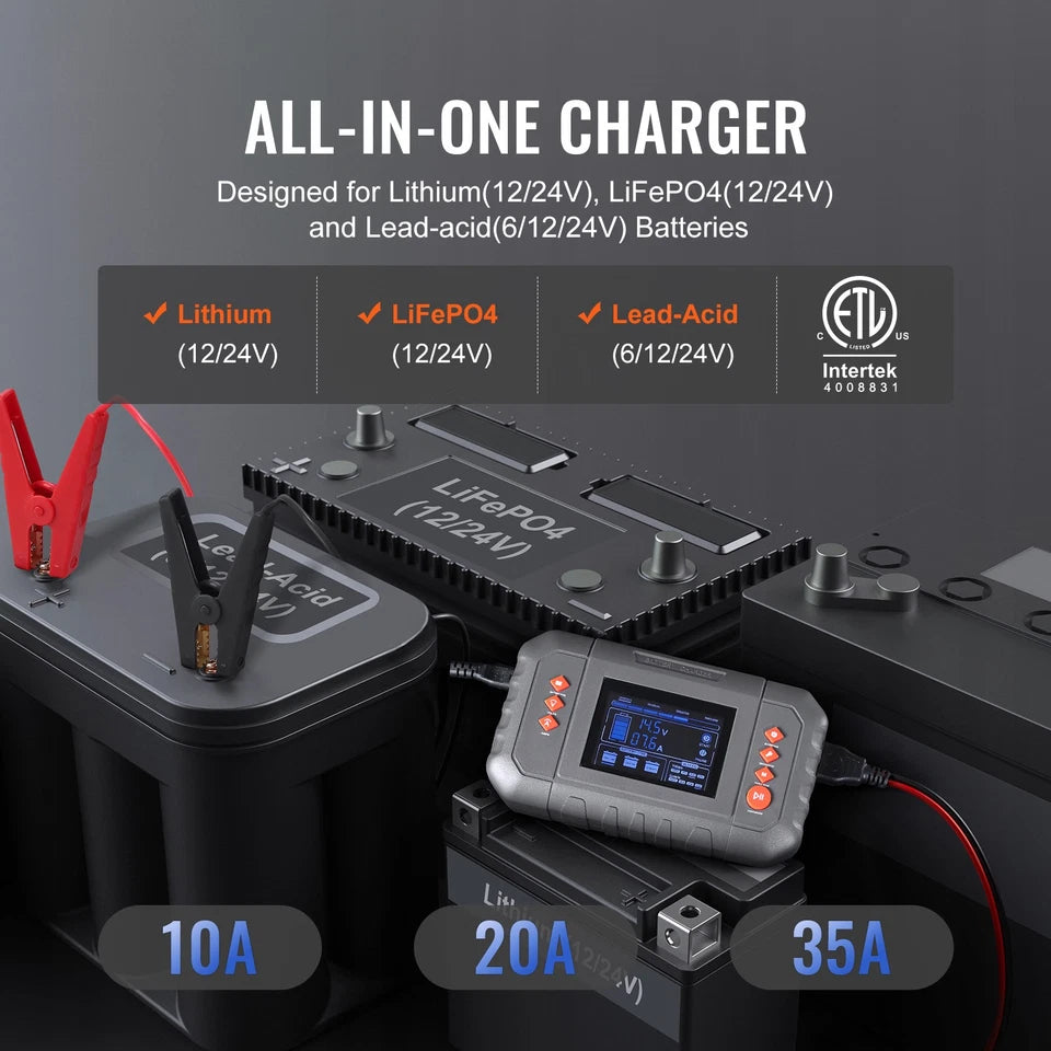 35A Smart Car Battery Charger LiFePO4 Lead Acid 6V 12V 24V LCD