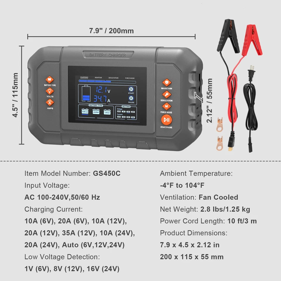 35A Smart Car Battery Charger LiFePO4 Lead Acid 6V 12V 24V LCD