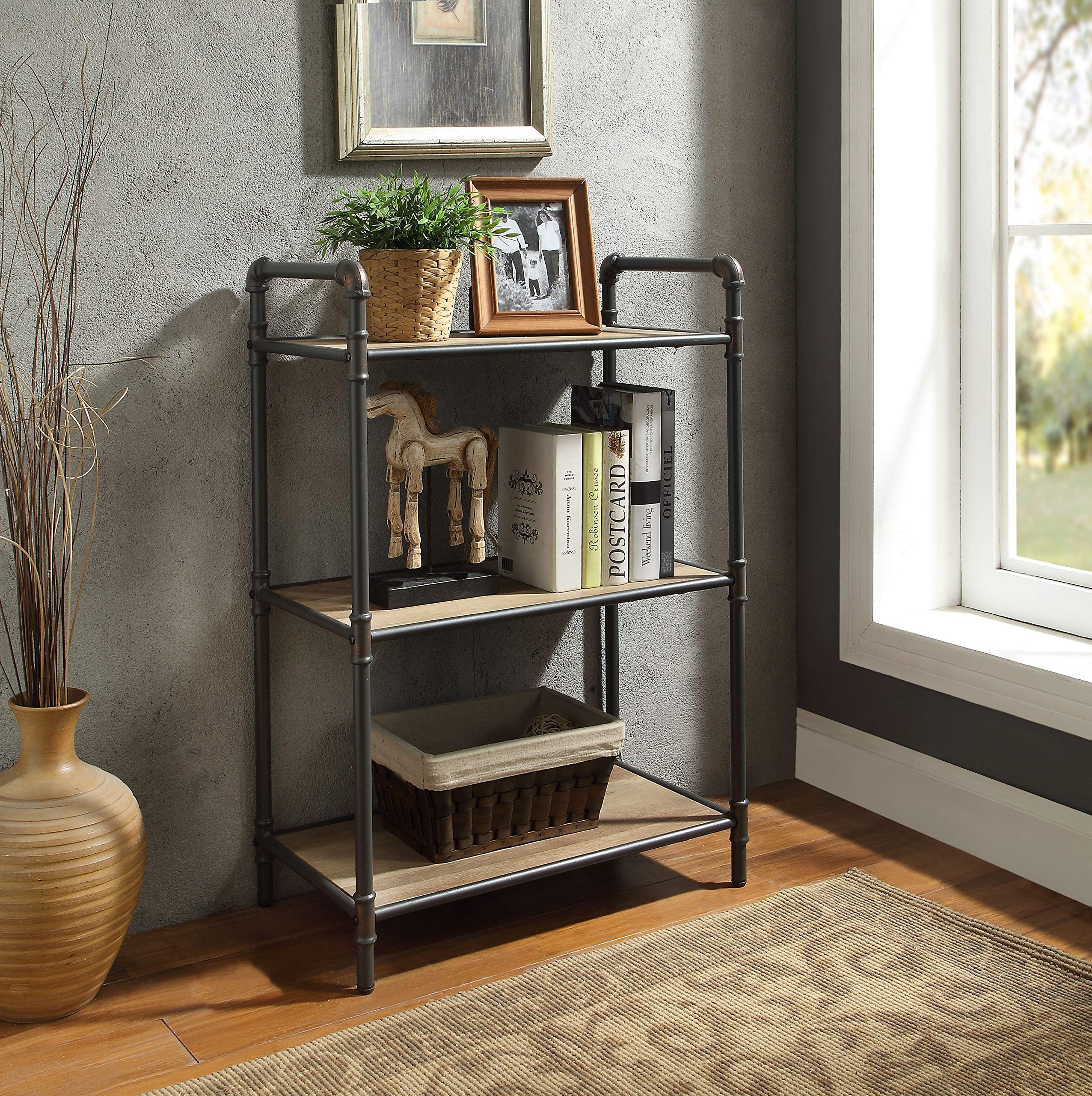 Skyorium Three Tier Metal Bookshelf With Wooden Shelves, Oak Brown & Gray